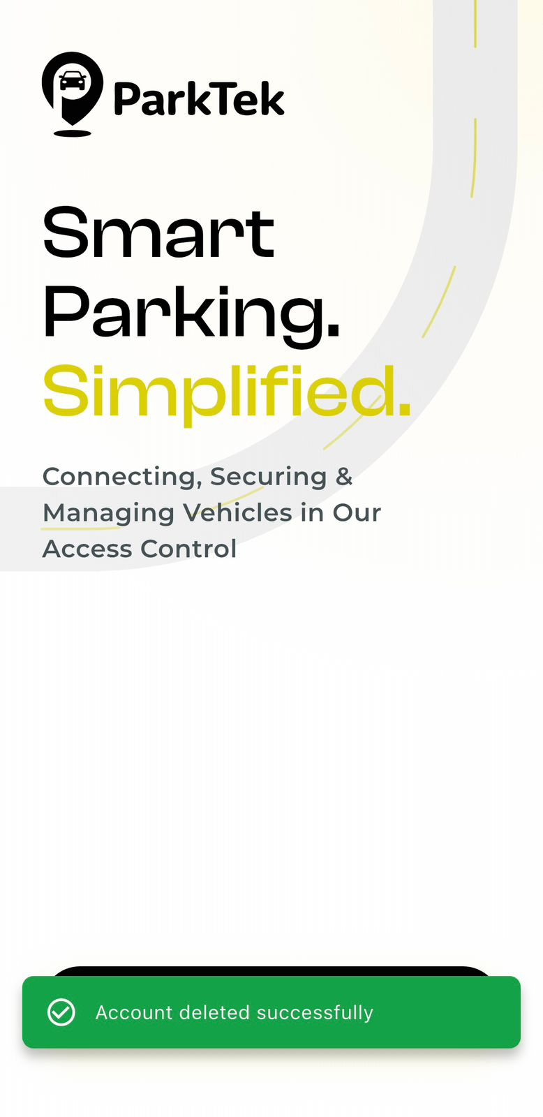 ParkTek app showing the account deleted successfully confirmation.
