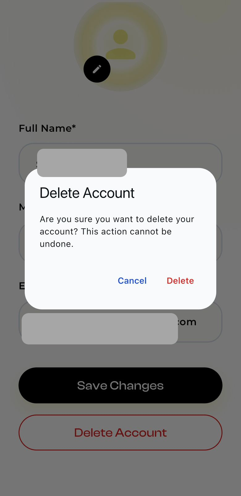 Delete Account confirmation dialog in the ParkTek app with personal information redacted.