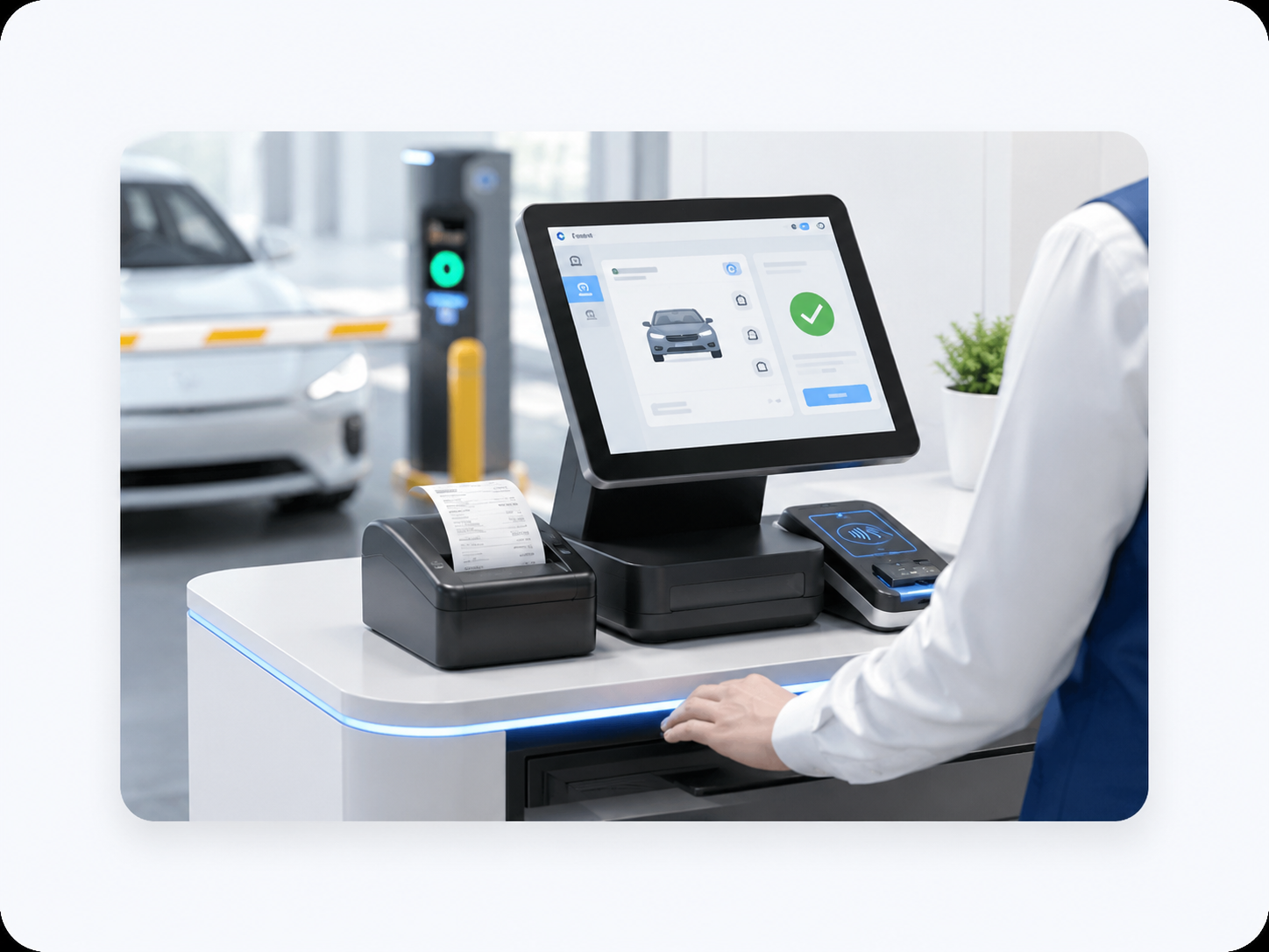 Parking operator using a POS terminal with a receipt printer and payment reader.