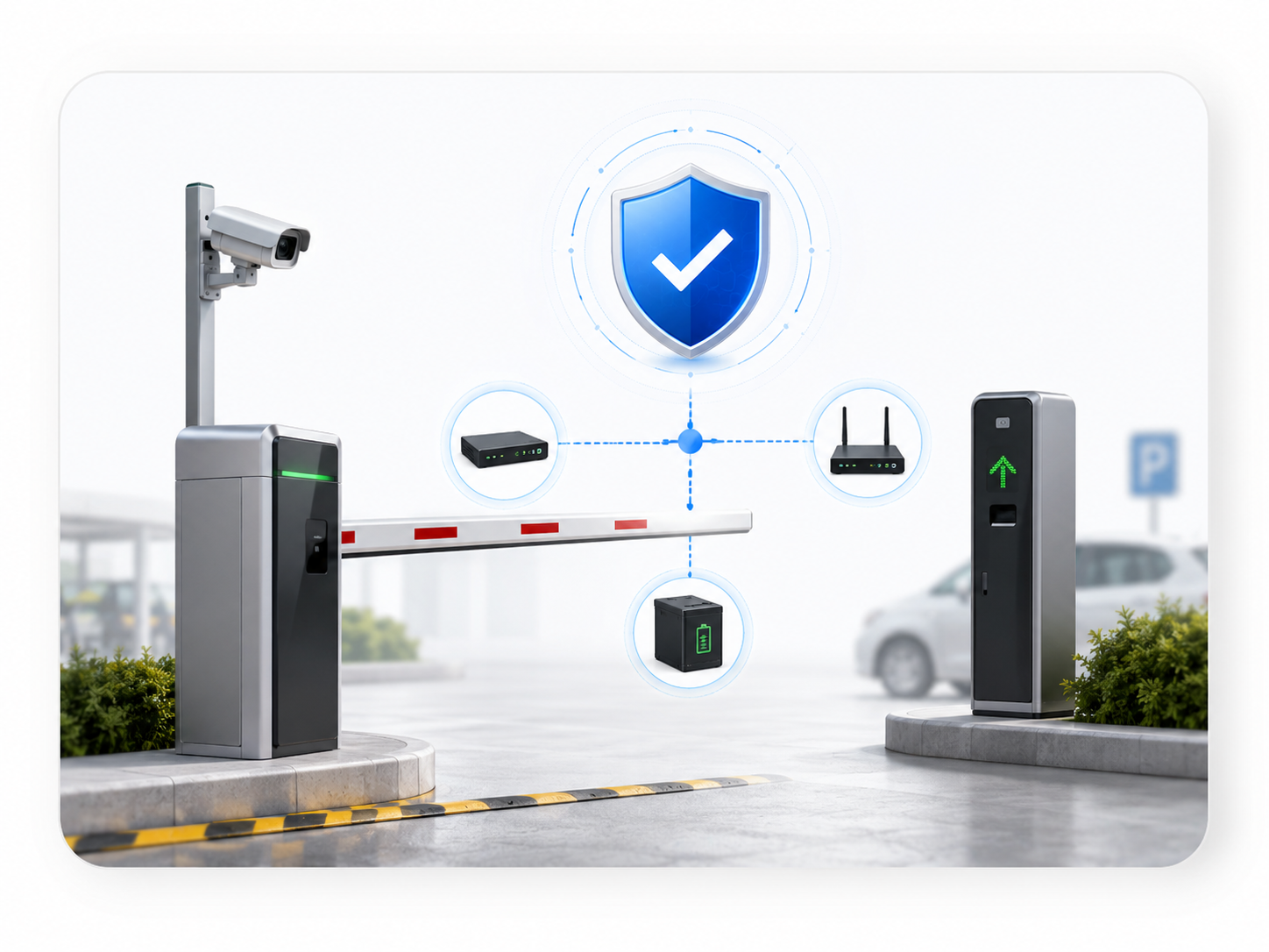 Parking barrier and camera equipment connected through secured local devices and backup power.