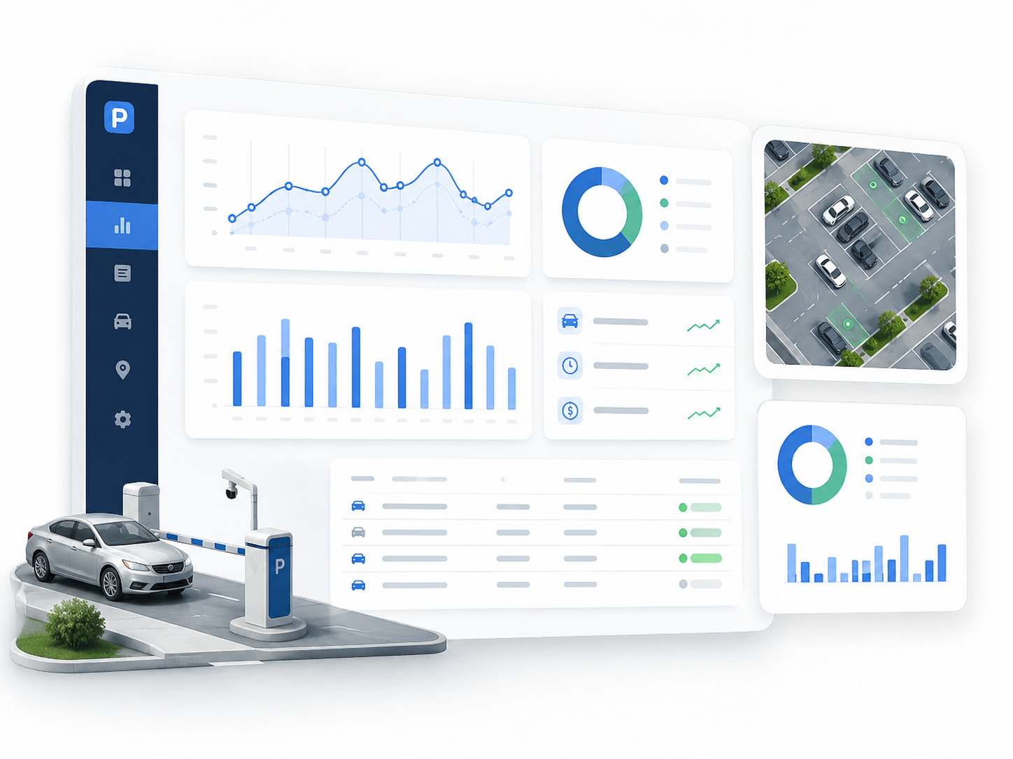 Parking operations dashboard with charts, activity records and parking occupancy.