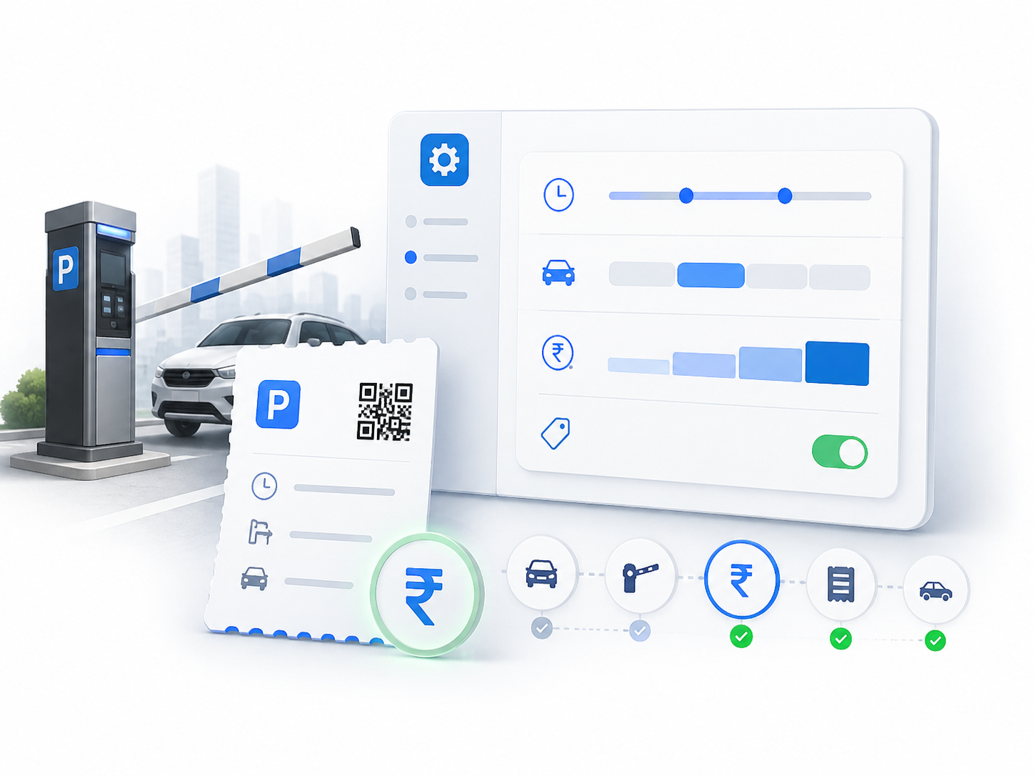 Parking tariff interface with a ticket and rupee pricing controls.