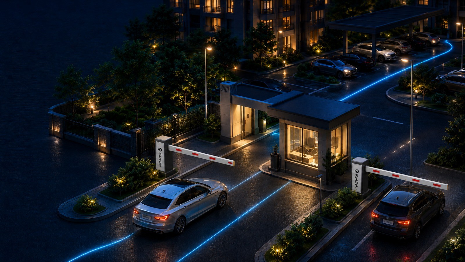 A connected ParkTek residential entry gate with a boom barrier, controller and approaching vehicle.